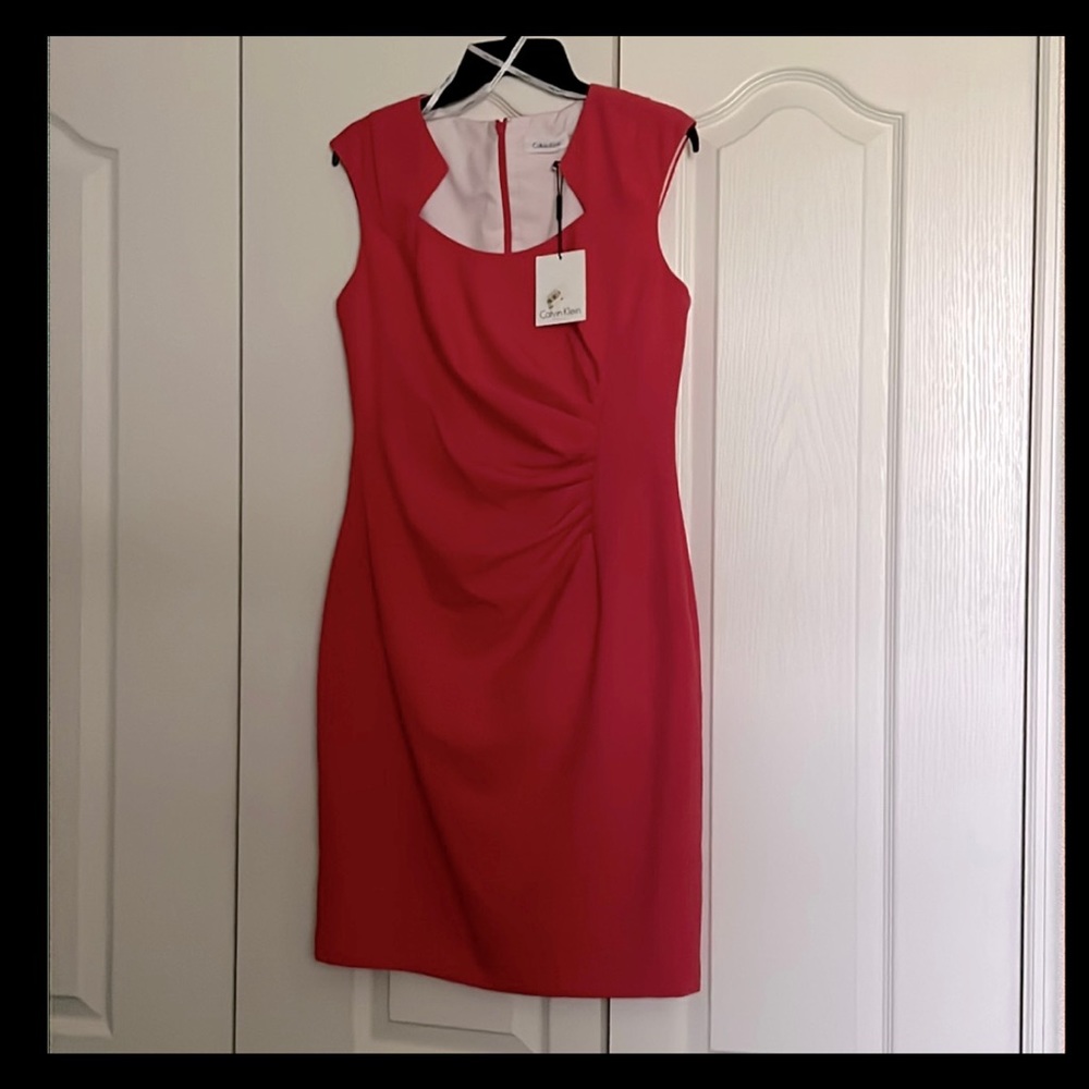 Calvin Klein Watermelon Short Cap Sleeve Gathered Ruched Dress